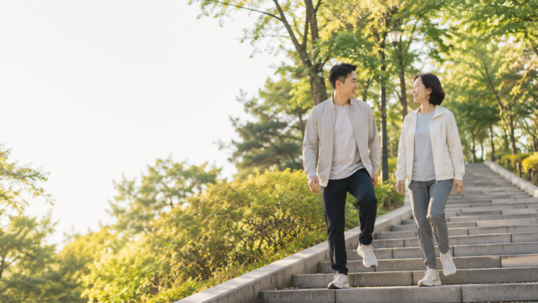 중년 근육 변화로 계단을 오르는 중년 부부의 모습