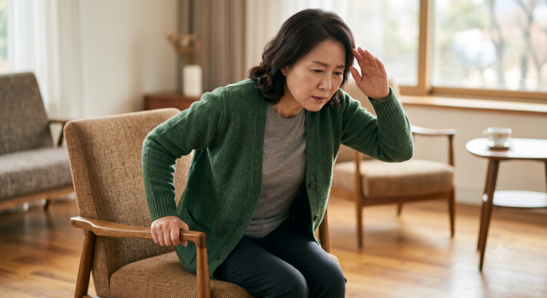 일어날 때 어지러운 이유를 살펴보며 의자에서 천천히 일어나는 중년 여성